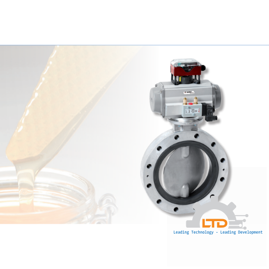 Butterfly valve with pneumatic actuator, solenoid valve and mounted limit switch box.