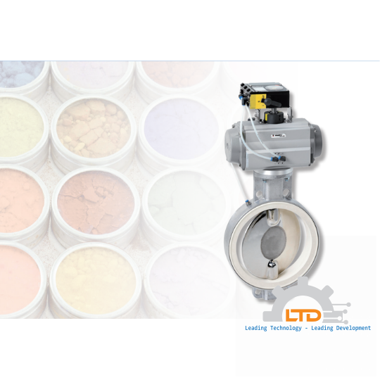 Butterfly Valve with pneumatically charged sealing here with pneumatic actuator. Positioner and fluid disk are particularly suitable for dosing.