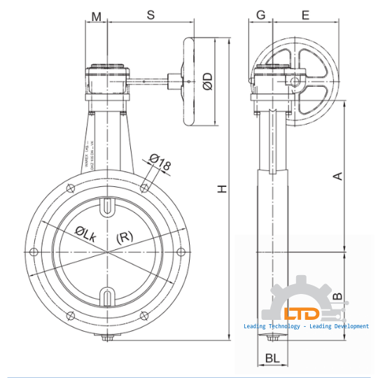 Container Butterfly Valve type DKZ 105 VK, in full flange execution, with worm gear.