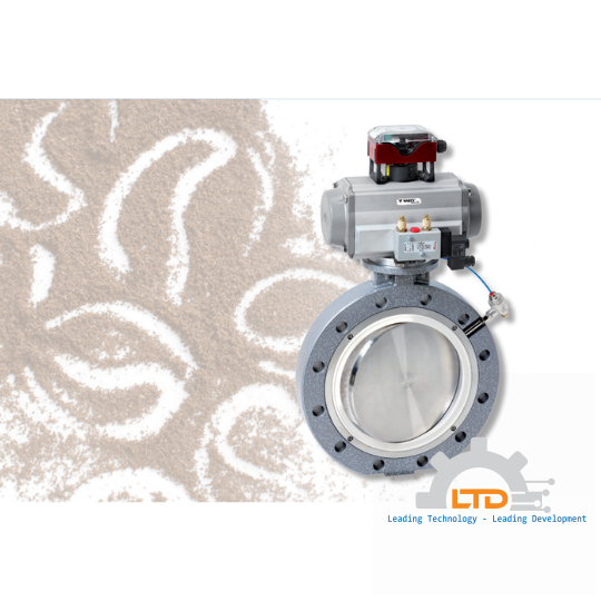 Eccentric Butterfly Valve with pneumatically charged, replaceable profiled sealing ring, placed on a easily demountable carrier ring.