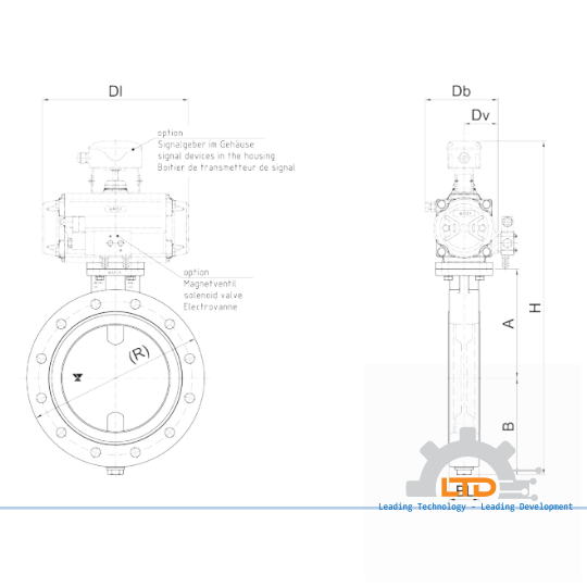 Butterfly valve with pneumatic actuator, solenoid valve and mounted limit switch box.