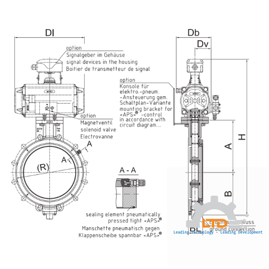 Eccentric Butterfly Valve with pneumatically charged, replaceable profiled sealing ring, placed on a easily demountable carrier ring