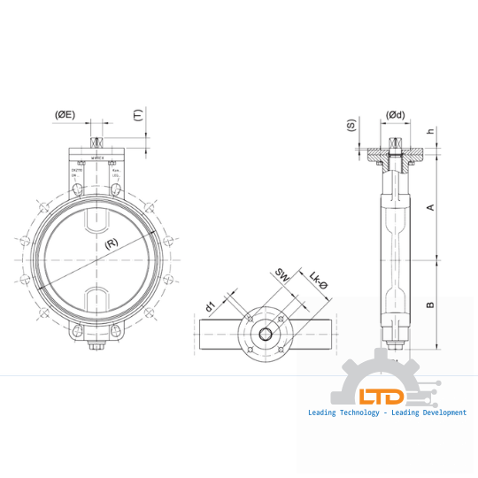 Butterfly Valve basic element with free shaft for mounting between flanges as per DIN EN or ANSI.