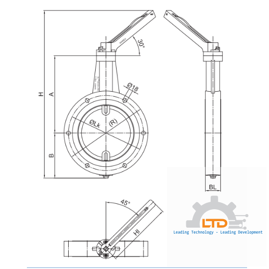 Container Butterfly Valve type DKZ 105 VK, in full flange execution, with ratched hand lever.