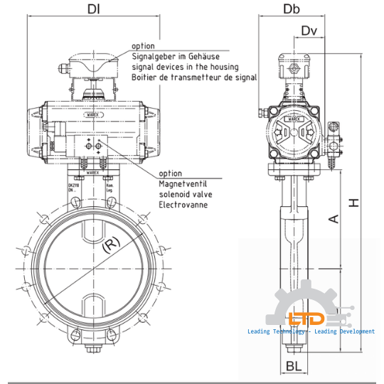 Butterfly valve with pneumatic actuator, solenoid valve and mounted limit switch box to accommodate signalling devices