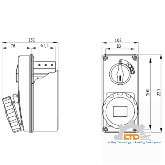GW66059N - VERTICAL FIXED INTERLOCKED SOCKET OUTLET - AUTOMATIKA - MT 6KA CURVE C - WITH BOTTOM - 3P+N+E 16A 400V 6H - IP67