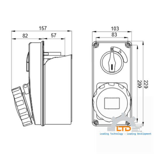 GW66220N 32A - VERTICAL FIXED INTERLOCKED SOCKET OUTLET - WITH BOTTOM - WITHOUT FUSE-HOLDER BASE - 3P+N+E 32A 346-415V - 50/60HZ 6H - IP67