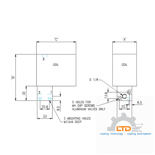 E13A-0 - 1/8", BSP/NPT, Direct Acting, 3/2, Single Air Inlet, Normally Open or Normally Closed, Single Solenoid